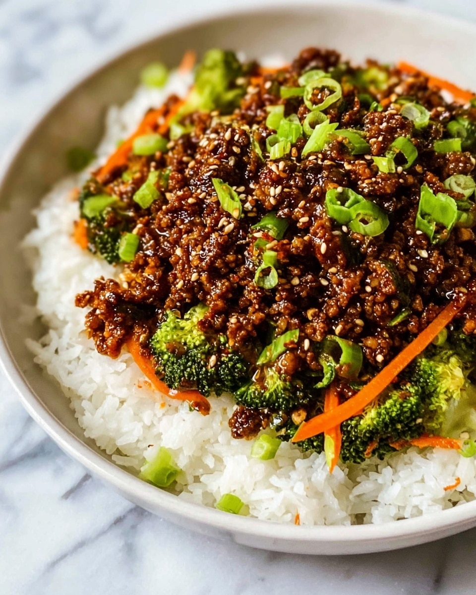 A close-up of a white plate filled with three layers: the bottom layer is fluffy white rice with visible separate grains, the middle layer consists of bright green broccoli florets and thin orange carrot strips, and the top layer is a glossy, dark brown minced meat sauce sprinkled with small white sesame seeds and chopped bright green scallions, all placed on a white marbled surface. photo taken with an iphone --ar 4:5 --v 7