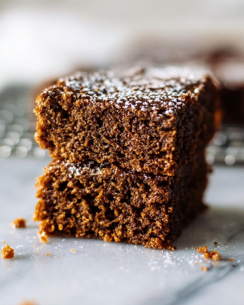 A close-up of a square brownie held between woman’s thumb and forefinger, showing its moist, dense dark brown texture with small holes and cracks on the top layer, lightly dusted with white powdered sugar. The edges look slightly crisp and the brownie appears chewy. In the background, there are more brownies stacked on a white marbled textured surface with a cooling rack underneath. Photo taken with an iphone --ar 4:5 --v 7