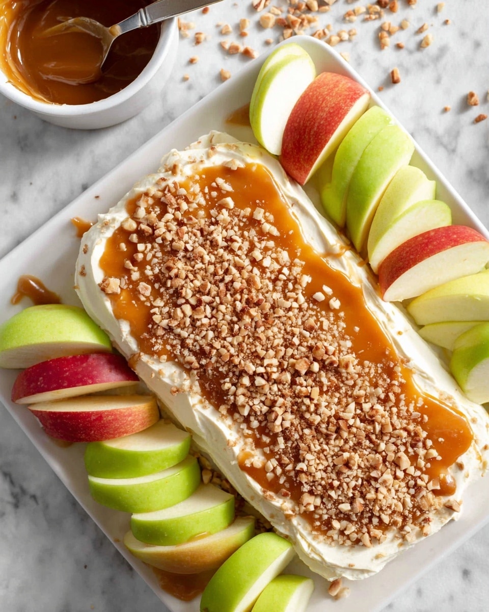 The image shows a white rectangular plate with a creamy dip spread flat, topped with a shiny layer of caramel sauce that covers the top center, and sprinkled densely with small beige chopped nuts on top of the caramel. Surrounding the dip on three sides are alternating slices of green and red apples, each slice showing smooth flesh and colorful skin. In the background on the white marbled surface, there is a white bowl filled with caramel sauce and a butter knife resting across it with caramel on the blade tip. The scene shows a few nut pieces scattered on the surface around the plate. photo taken with an iphone --ar 4:5 --v 7