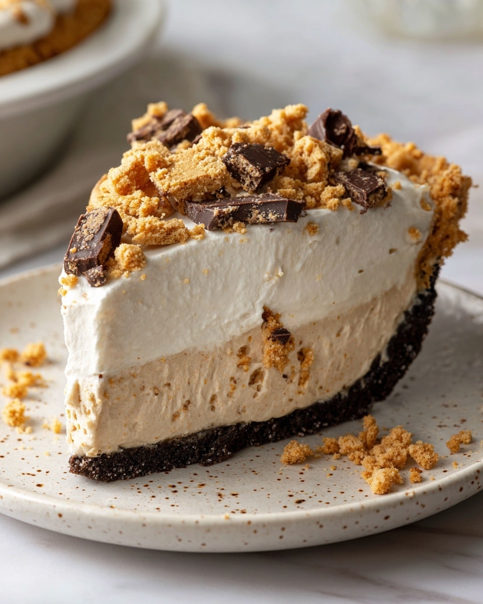 A slice of creamy pie is shown on a white plate with small brown speckles, placed on a white marbled surface. The pie has four main layers: the bottom crust is dark brown and crumbly, above it is a thick light beige filling with a smooth texture, then a thick layer of white creamy topping, and finally the top is sprinkled with crushed golden brown cookie pieces and chunks of chocolate. The slice is cut cleanly, showing all layers clearly. Photo taken with an iphone --ar 4:5 --v 7