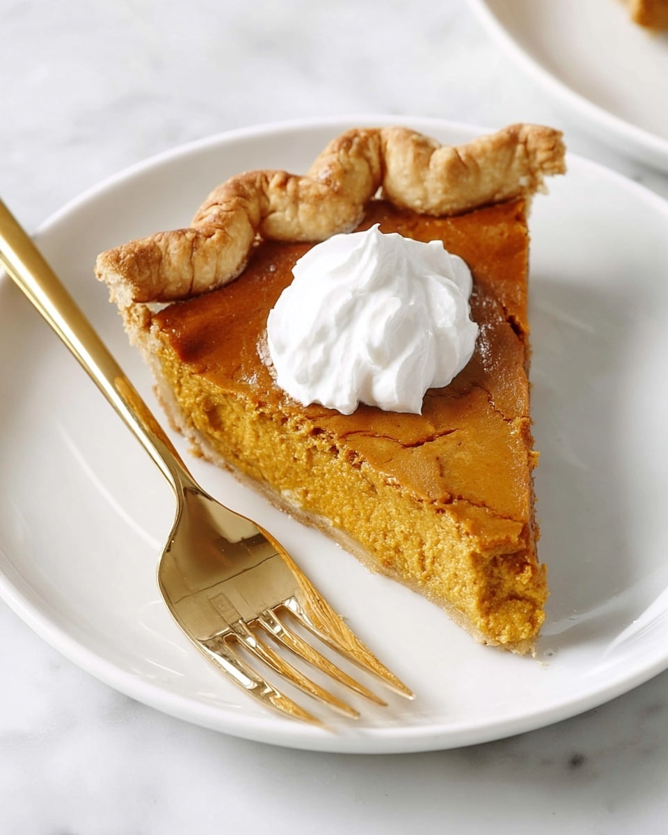 A slice of pumpkin pie is shown on a white plate with a white marbled texture underneath. The pie has three layers: a pale golden crust on the bottom, a thick light brown pumpkin filling with a smooth and slightly dense texture in the middle, and a darker golden-brown baked top layer. On top of the slice, there is a dollop of soft white whipped cream. Crumbs are scattered on the plate near the pie slice. A golden fork is placed on the left side touching the plate and a woman's hand is holding the fork. Photo taken with an iphone --ar 4:5 --v 7