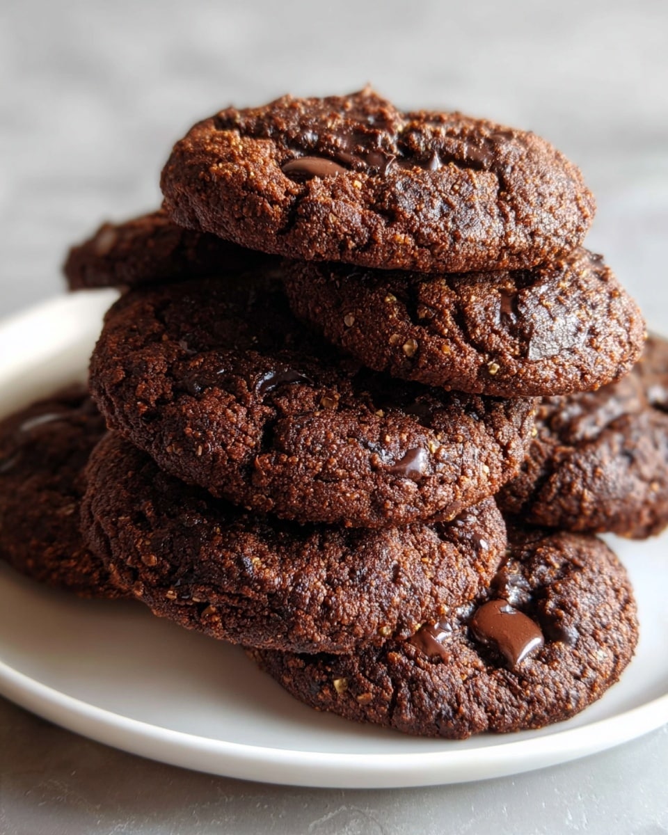 A white plate holds a stack of six chocolate chip cookies arranged in a loose pile. The cookies have a rich brown color with a slightly cracked surface, showcasing a chewy and soft texture. Each cookie is dotted generously with dark chocolate chips that add a glossy contrast to the matte brown dough. The lighting highlights the rough texture and slight shine of the melted chocolate, while the background shows a white marbled surface softly blurred. Photo taken with an iphone --ar 4:5 --v 7
