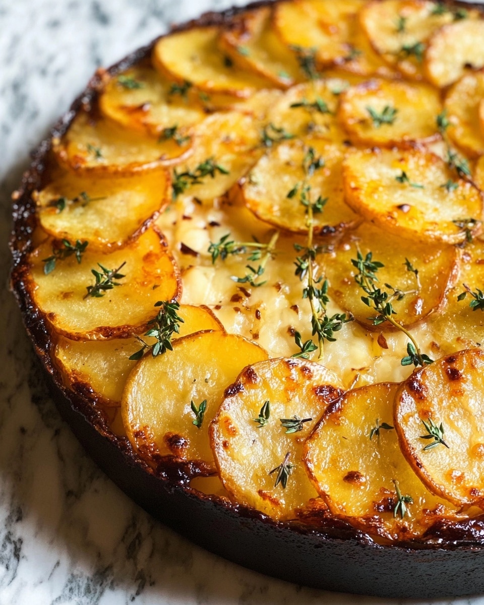 A round dish made up of multiple layers of thinly sliced golden yellow potatoes, arranged in overlapping circles to form a thick stack. The top layer has crispy edges that are browned and slightly curled, sprinkled with small green herb sprigs and a light dusting of black pepper. The dish sits in a dark pan against a white marbled background, showing some of the darker caramelized bits between the potato layers at the edges. photo taken with an iphone --ar 4:5 --v 7