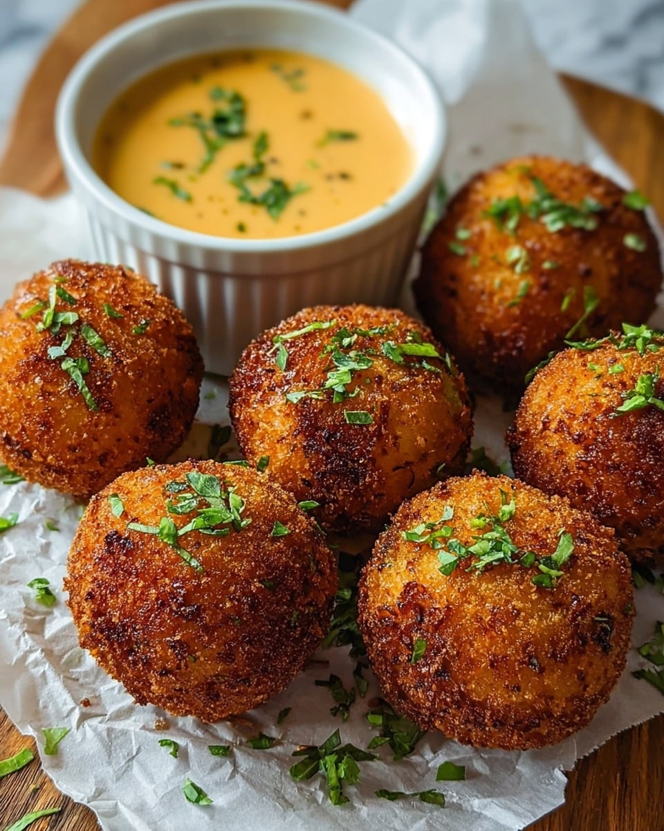 Six round, golden-brown fried balls with a crunchy texture are placed closely together on white parchment paper. Each ball has small, fresh green herb pieces sprinkled on top, adding contrast to their rich, crispy surface. Behind the balls is a white ramekin filled with creamy light orange sauce, garnished with small green herbs. The scene is set on a wooden surface with a white marbled texture softly visible in the background. photo taken with an iphone --ar 4:5 --v 7