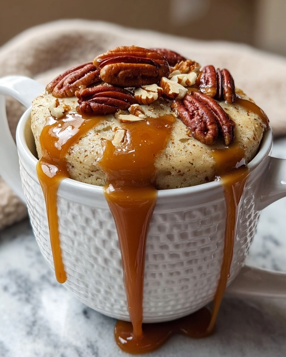 A close-up image of a white mug filled with a light beige cake or bread layer topped with a generous amount of glossy, dark brown pecan halves and crushed pecans. Golden syrup is being poured over the top, some running down the side of the mug and pooling at the base. The mug sits on a wooden surface, with a blurred background. The texture of the cake looks soft and moist with bits of nuts inside. Photo taken with an iphone --ar 4:5 --v 7