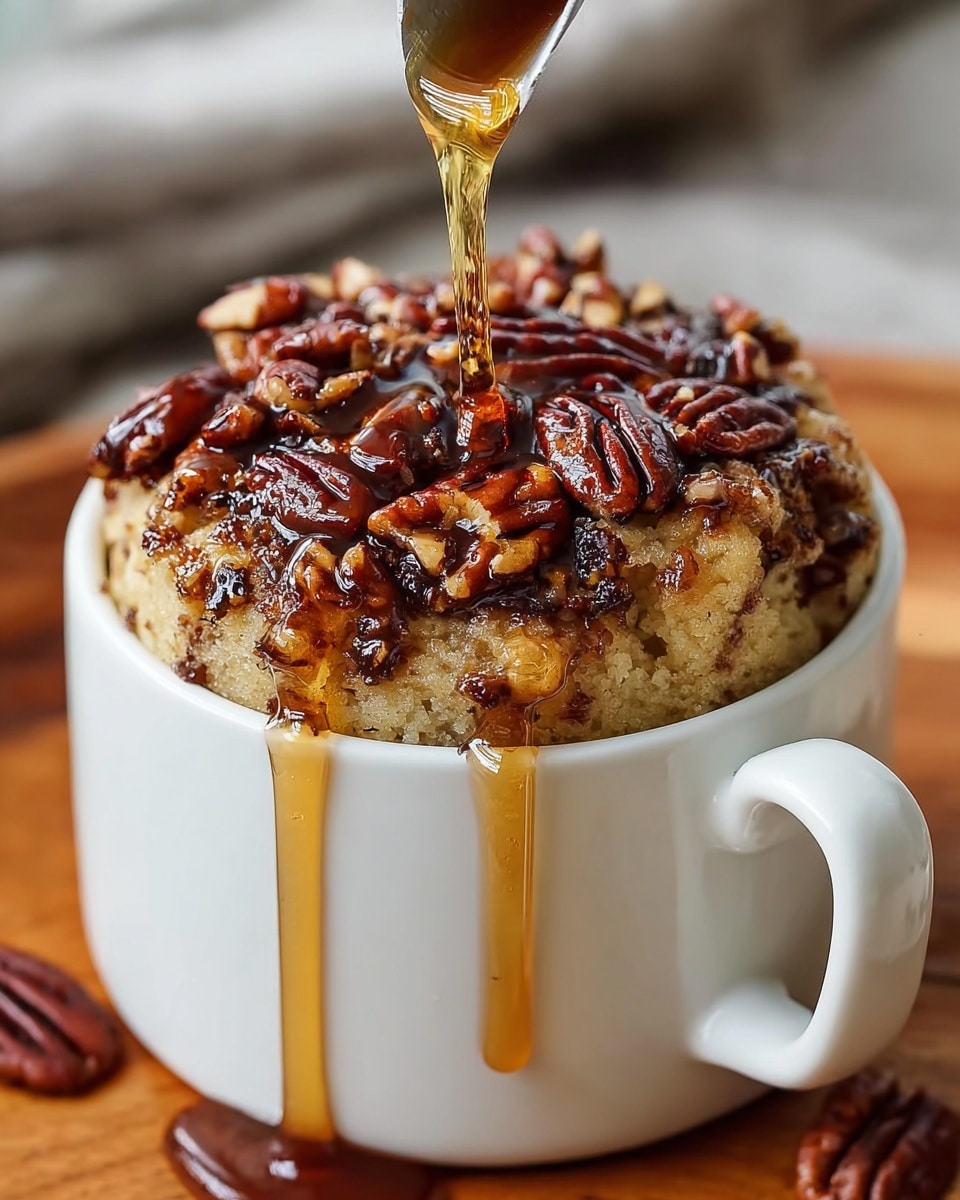 A close-up of a white textured ceramic mug filled with a light beige, soft, and fluffy cake rising above the rim. On top of the cake, there are several whole and chopped glossy pecans coated in a thick, amber caramel sauce that also drips slowly down the sides of the mug. The mug sits on a white marbled surface with a blurred background. photo taken with an iphone --ar 4:5 --v 7