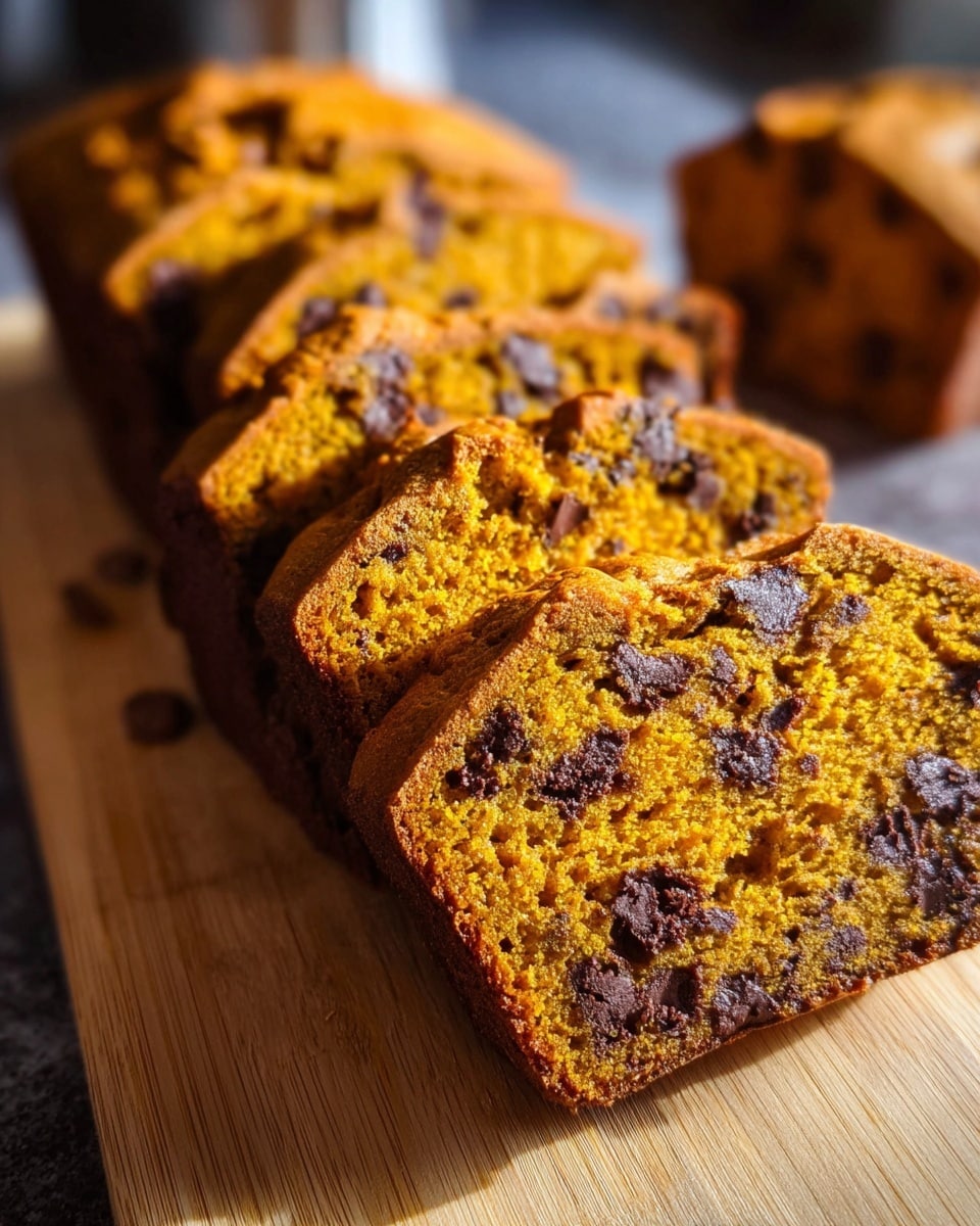 A close-up of a pumpkin bread sliced into six thick pieces arranged in a row on a light wooden board. Each slice shows a moist, soft orange interior with dark chocolate chips scattered throughout, creating contrast between the bright orange crumb and rich brown chips. The crust is darker brown and slightly rough in texture, encasing each slice. The lighting highlights the texture and color vibrant, with everything set against a softly blurred background. Photo taken with an iphone --ar 4:5 --v 7
