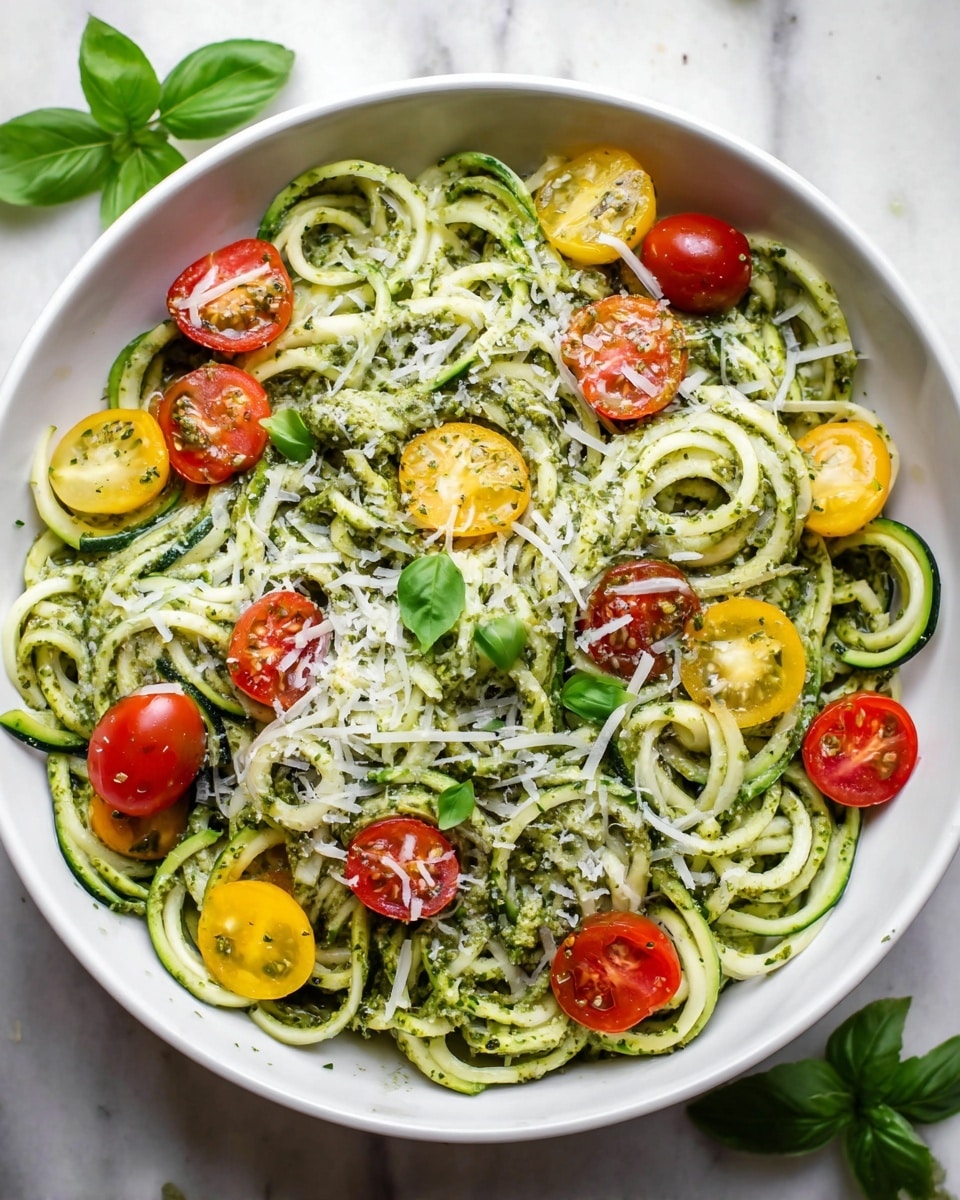 A close-up shows a white patterned bowl filled with spiralized zucchini noodles mixed with pieces of green herbs and a light sauce, topped with whole bright red cherry tomatoes scattered throughout; a fork lifts a twisted bundle of the zucchini noodles above the bowl. The background features a smooth white marbled texture. Photo taken with an iphone --ar 4:5 --v 7
