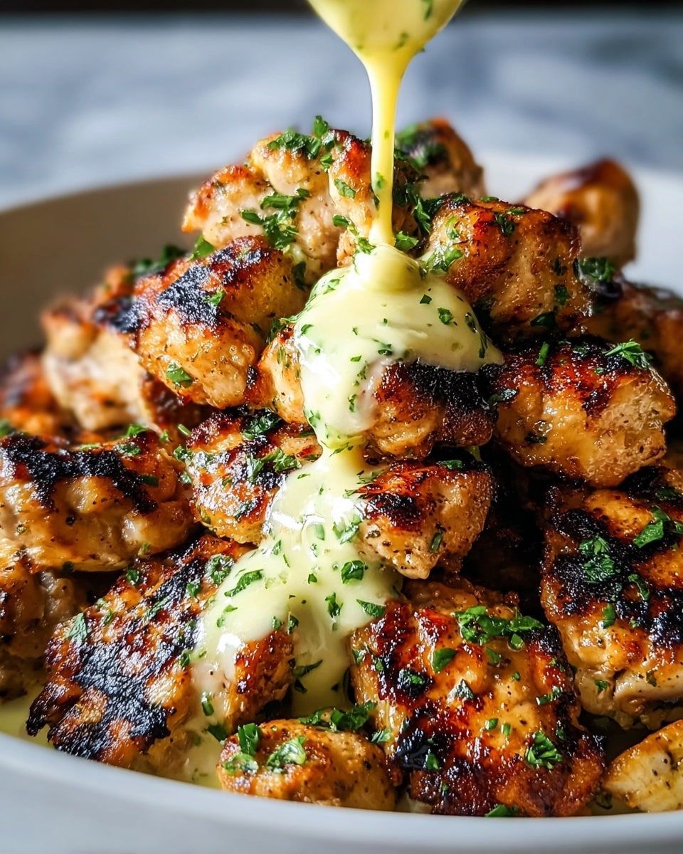 The image shows a close-up of many small, golden-brown grilled chicken pieces stacked in a white shallow bowl. The chicken is charred in places with a crisp texture and sprinkled with chopped green herbs. A creamy yellow sauce with herbs is being poured over the top chicken pieces, creating a smooth flowing layer that drips down. The sauce contrasts with the crispy chicken, adding a glossy look to the rich layers of brown and golden meat. The white bowl sits on a white marbled surface. photo taken with an iphone --ar 4:5 --v 7