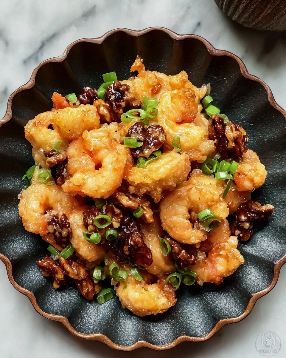 The dish shows a mound of golden fried shrimp pieces with a light crispy texture, each piece coated in a shiny, clear glaze. Mixed throughout are dark brown, glossy candied walnuts, adding a rough, bumpy contrast. Small bright green, sliced scallions are scattered on top, adding a fresh pop of color. The shrimp and walnuts rest on a dark scalloped plate that has a soft matte finish. The scene is set against a white marbled texture. Photo taken with an iphone --ar 4:5 --v 7