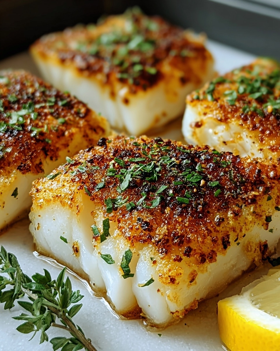 The image shows three thick pieces of golden-brown seared fish with a crispy crust on top, sprinkled with green herbs. The fish has a white, flaky texture beneath the browned surface, and the fillets are placed close together on a white marbled surface. Next to the fish pieces, there is a bright yellow lemon wedge on the right side, adding a fresh touch to the presentation. The photo is taken close up, highlighting the texture and seasoning of the fish. photo taken with an iphone --ar 4:5 --v 7
