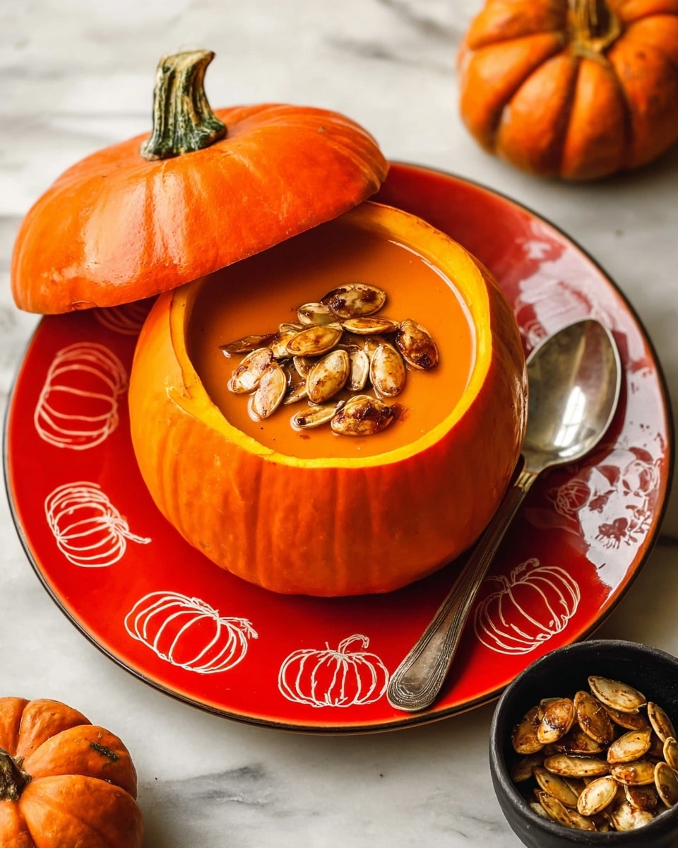 A hollowed-out orange pumpkin serves as a bowl, filled with smooth, creamy pumpkin soup in a bright orange color, topped with toasted pumpkin seeds that are brown and slightly shiny. The pumpkin’s lid, with its greenish stem, rests tilted on the edge, revealing the soup inside. This pumpkin bowl is placed in the center of a white plate with small white pumpkin drawings around the edge. A silver spoon lies next to the pumpkin inside the plate. Nearby there is a small black bowl filled with more toasted pumpkin seeds, all placed on a white marbled surface. photo taken with an iphone --ar 4:5 --v 7