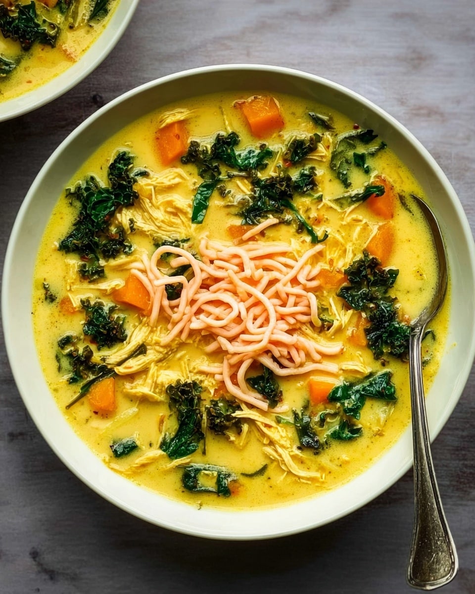 A bowl of creamy yellow soup with a thick texture fills most of the image. Inside the soup, there are light pink shredded noodles arranged in small piles near the center, orange chunks that look soft and cooked, and dark green leafy vegetables scattered evenly around. The bowl is white, placed on a white marbled surface. Next to the bowl is a spoon with a shiny metal finish, reflecting soft light. Photo taken with an iphone --ar 4:5 --v 7