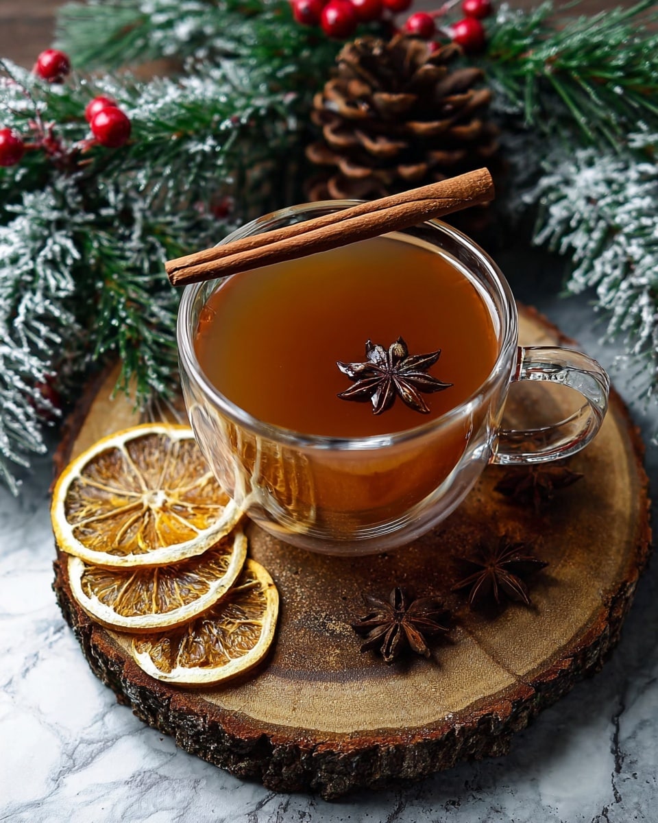 A clear glass cup filled with warm brown liquid has a star anise floating on top and a cinnamon stick resting across the rim. The cup sits on a round wooden slice with a natural rough edge. Around the cup on the wood slice are three dried orange slices and several star anise pods. Green pine branches with red berries and a dusting of white frost, along with a large pine cone, frame the scene on a white marbled surface. photo taken with an iphone --ar 4:5 --v 7