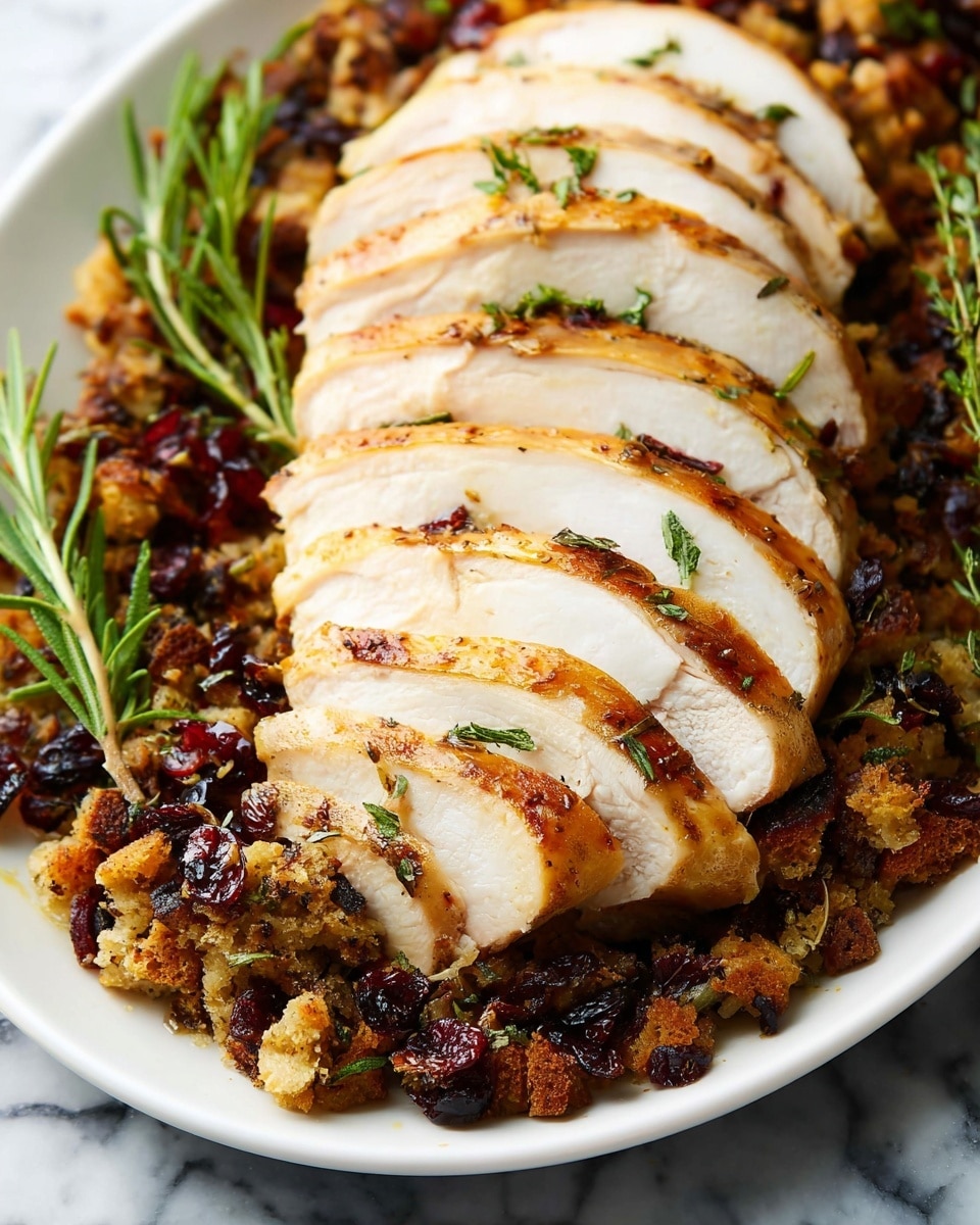 A white plate with a sliced roasted chicken breast laid in the center, showing seven thick slices with golden-brown crispy skin and tender white meat inside. Underneath the chicken, there is a layer of golden-brown bread stuffing mixed with dark red dried cranberries and herbs, giving texture and color contrast. Green herb sprigs are placed on top and around the dish for decoration. The background is a white marbled texture. photo taken with an iphone --ar 4:5 --v 7