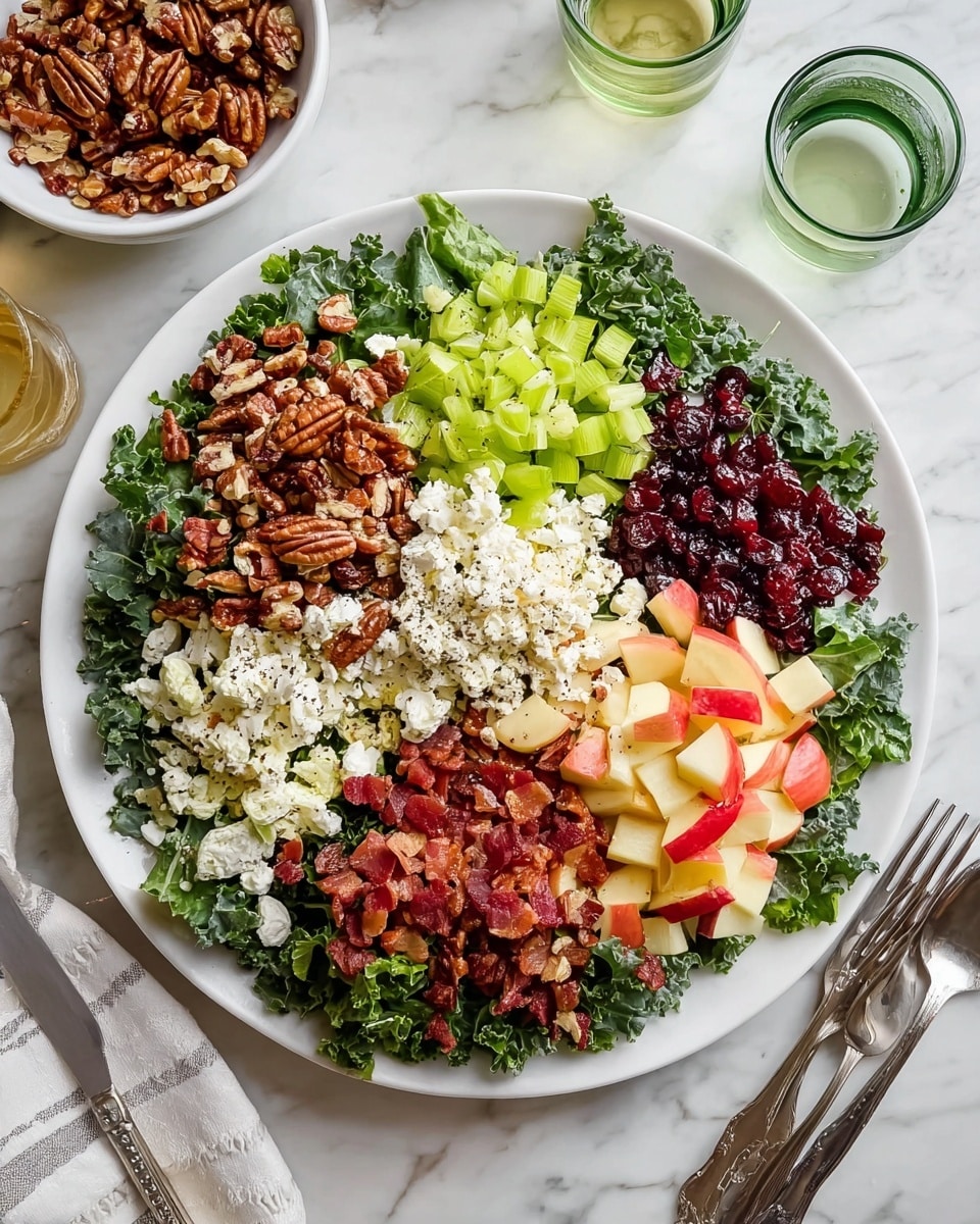 A large white plate sits on a white marbled surface, holding a fresh kale salad arranged in neat sections over a bed of dark green kale leaves. Starting from the top left and moving clockwise, there are crunchy candied pecans with a brown, rough texture, bright green chopped celery pieces, crispy reddish-brown bacon bits, deep red dried cranberries, and crumbly white goat cheese. In the center, there are crisp red and yellow apple chunks. The ingredients are sprinkled lightly with black pepper. Around the plate, two small green glasses of water, a white bowl with extra candied pecans, and silver forks and knives are placed. photo taken with an iphone --ar 4:5 --v 7