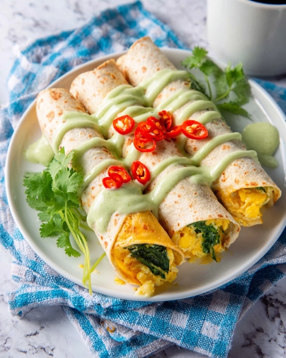 The image shows three rolled tortillas filled with bright yellow scrambled eggs and green spinach inside, placed neatly side by side on a white plate. Each roll is topped with a light green creamy sauce drizzled across the length and small red chili slices scattered on top. A sprig of fresh green cilantro lies beside the rolls. The plate sits on a blue and white checkered cloth, all set on a white marbled surface. The photo taken with an iphone --ar 4:5 --v 7