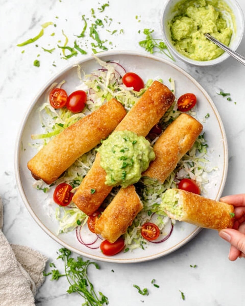 The image shows a white round plate on a white marbled surface, holding five golden-brown breadsticks with a crispy crust. On the plate, there are small halved cherry tomatoes scattered around along with some light green shredded lettuce and finely chopped white onions. A scoop of green guacamole sits on top of the breadsticks, adding a creamy texture. Next to the plate, a small white bowl filled with more green guacamole has a metal spoon inside. A woman's hand is holding one breadstick dipped in the guacamole. Some fresh herbs are scattered on the surface around the plate. photo taken with an iphone --ar 4:5 --v 7