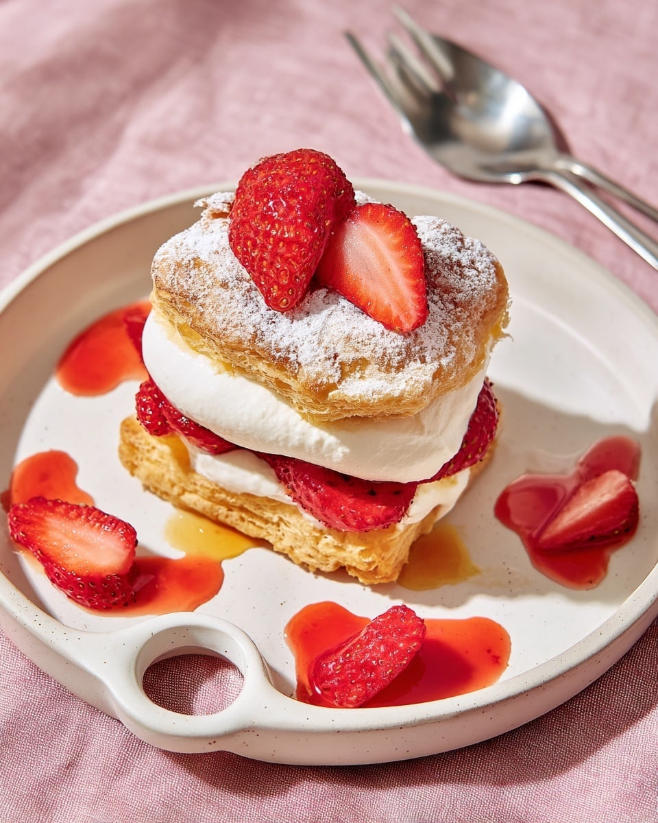 A dessert piece shows a two-layer puff pastry with a dusty, golden brown top and bottom. Between the layers are bright red, sliced strawberries soaked in syrup, and a thick layer of smooth, white whipped cream topped with the pastry crown. The dessert sits on a white plate with two circular handles, splattered with vibrant strawberry syrup and extra strawberry slices arranged around the pastry. The plate is placed on a soft pink cloth, and a shiny silver fork is near the top right corner. photo taken with an iphone --ar 4:5 --v 7