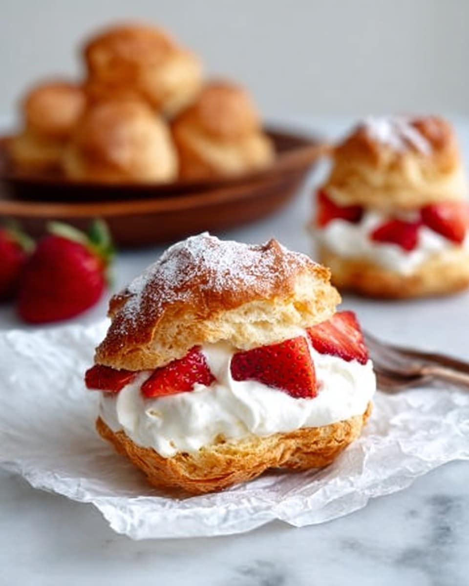 The image shows a cream puff cut in half with three visible layers. The bottom layer is a golden brown choux pastry with a light, crisp texture. The middle layer is thick white whipped cream, soft and fluffy, spread generously. On top of the cream, there are bright red strawberry pieces that add a fresh, juicy look. The top layer is another piece of golden brown choux pastry, slightly puffed and dusted lightly with powdered sugar. The cream puff is placed on white crumpled paper on a white marbled surface, and in the background, a wooden plate holds more cream puffs. A woman's hand is partly visible near the back. Photo taken with an iphone --ar 4:5 --v 7