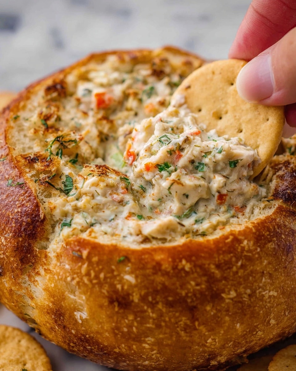 A close-up shows a round bread bowl with a golden-brown crust filled with a creamy dip mixed with small pieces of red and green vegetables spread evenly inside, with a white round cracker held by a person's fingers in front, scooping up a thick layer of the dip that looks slightly textured with herbs and bits of filling; the background features a white marbled texture. photo taken with an iphone --ar 4:5 --v 7