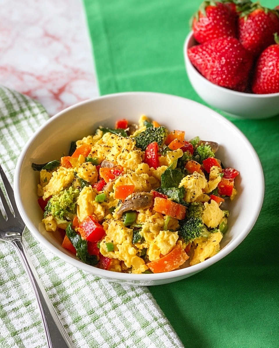 A white bowl filled with a colorful mix of scrambled eggs and vegetables, showing yellow soft egg pieces mixed evenly with green broccoli florets, red diced tomatoes, orange bell peppers, spinach leaves, and small bits of mushrooms, all lightly sprinkled with black pepper. The bowl is placed on a green table next to a fork on a green and white checkered cloth napkin. To the side, there is a white bowl with bright red strawberries. The scene is set on a white marbled surface. photo taken with an iphone --ar 4:5 --v 7