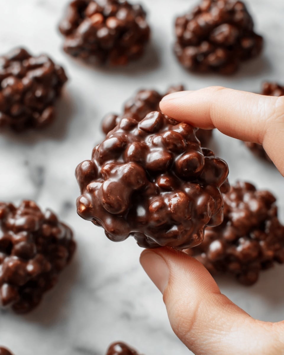 The image shows several round chocolate clusters placed closely on a white marbled surface. Each cluster has a bumpy texture with visible puffed rice or nut pieces, all covered in a glossy dark brown chocolate coating. The clusters vary slightly in size and shape, with some chocolate pools formed underneath them. The overall look is rich and dense with a mix of smooth and rough textures. photo taken with an iphone --ar 4:5 --v 7