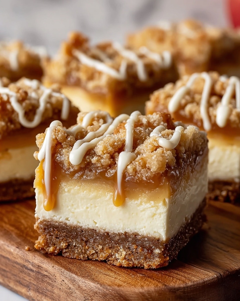 The image shows close-up pieces of dessert bars on a wooden board with a white marbled texture in the background. Each bar has four layers: a thick, crumbly brown base at the bottom, a creamy white cheesecake layer above it, a smooth caramel layer on top of the white, and a crumbly streusel topping that is golden brown with visible sugar crystals. Drizzled over the top are streaks of rich caramel sauce and white icing in a zigzag pattern, creating a shiny contrast. The texture of the caramel and crumb topping looks sticky and crunchy, while the cheesecake layer appears smooth and soft. Photo taken with an iphone --ar 4:5 --v 7