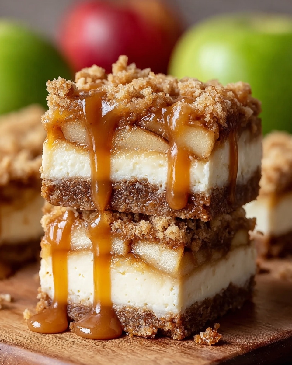 The image shows two stacked dessert bars with four visible layers. The bottom layer is a thick, crumbly brown crust. Above it is a thick, creamy white layer with a smooth texture. The next layer is made up of soft apple slices with a light brown color mixed with cinnamon, covered by a rough, golden-brown crumb topping. Rich caramel sauce drips down the sides of the bars, catching the light and adding shine. The bars sit on a wooden surface, with a soft-focus background featuring a green and a red apple. photo taken with an iphone --ar 4:5 --v 7