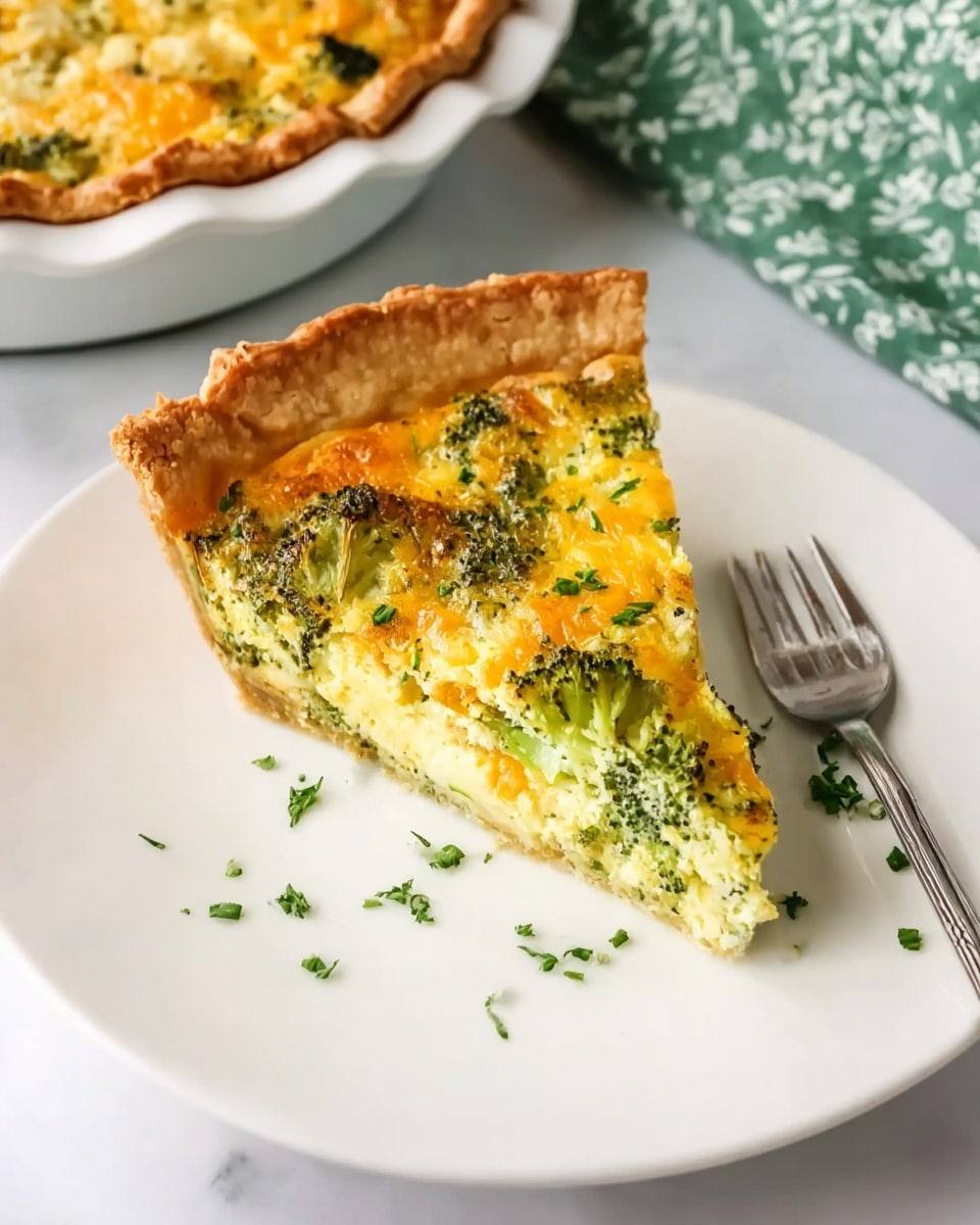 A single slice of broccoli and cheese quiche sits on a white plate with a silver fork resting beside it. The quiche has three layers: a golden-brown, flaky crust on the outside; a thick, creamy yellow egg mixture filled with green broccoli pieces and melted orange cheese forming the middle and top layers. Small chopped green herbs are sprinkled around the slice on the plate. In the background, part of the whole quiche in a white dish is visible on a white marbled surface next to a green cloth with a white pattern. Photo taken with an iphone --ar 4:5 --v 7
