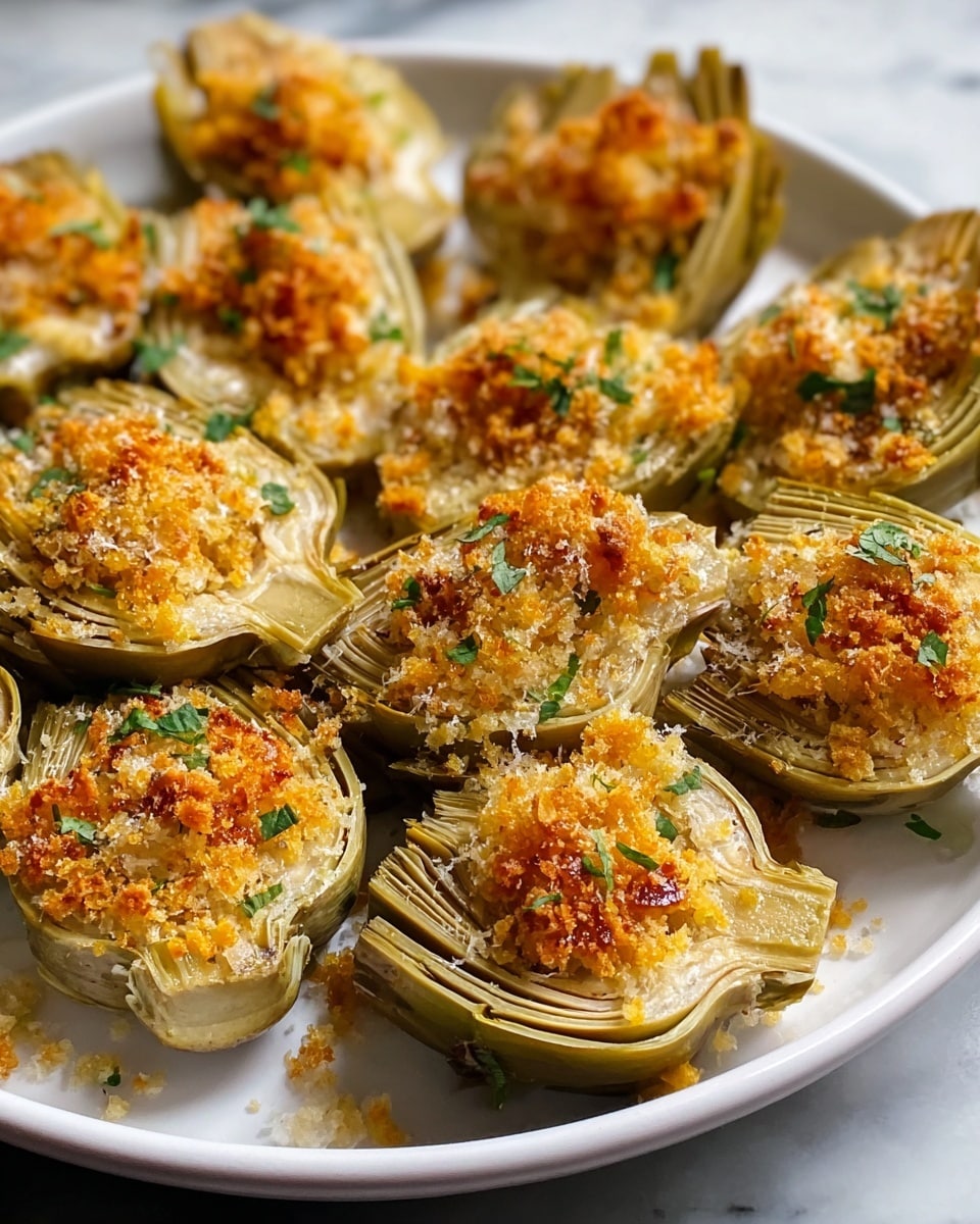 The image shows a white round plate filled with several halved artichokes arranged closely together in one layer. Each artichoke half has a pale green base with tender, slightly textured leaves visible around the edges. The artichokes are topped with a golden-brown crispy breadcrumb layer that looks crunchy, with some melted cheese mixed in. Small bits of green herbs are sprinkled sporadically over the tops, adding a fresh pop of color. The plate rests on a white marbled surface with a subtle light reflection. Photo taken with an iphone --ar 4:5 --v 7