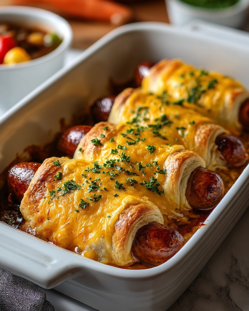 The image shows a white baking dish filled with three baked sausage rolls placed side by side. Each sausage is wrapped in golden brown, flaky pastry with a crispy texture, topped with melted cheddar cheese that is slightly browned. The cheese is sprinkled with chopped fresh green herbs. The sausage ends poke out from each pastry roll, showing their shiny, cooked brown skin. The dish is resting on a white marbled surface, and a bowl with sauce and vegetables is blurred in the background. photo taken with an iphone --ar 4:5 --v 7
