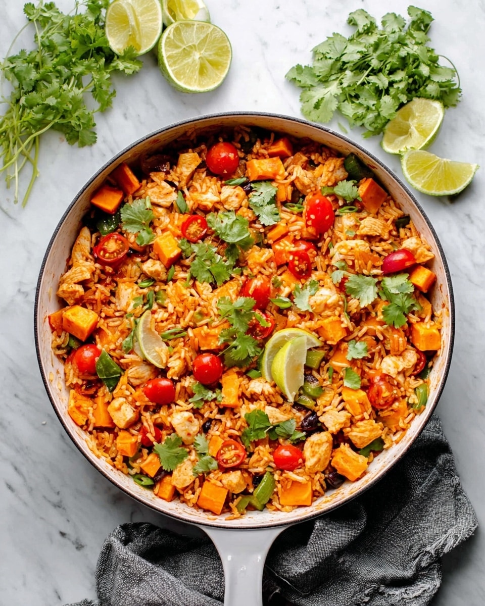 A white pan filled with cooked rice mixed with diced chicken, orange sweet potato cubes, halved cherry tomatoes, and green vegetables. The rice looks fluffy and mixed well with the other ingredients. Fresh cilantro leaves are scattered on top, adding a pop of green color. Next to the pan is a gray towel, some lime wedges, and a bunch of fresh cilantro on a white marbled surface. photo taken with an iphone --ar 4:5 --v 7