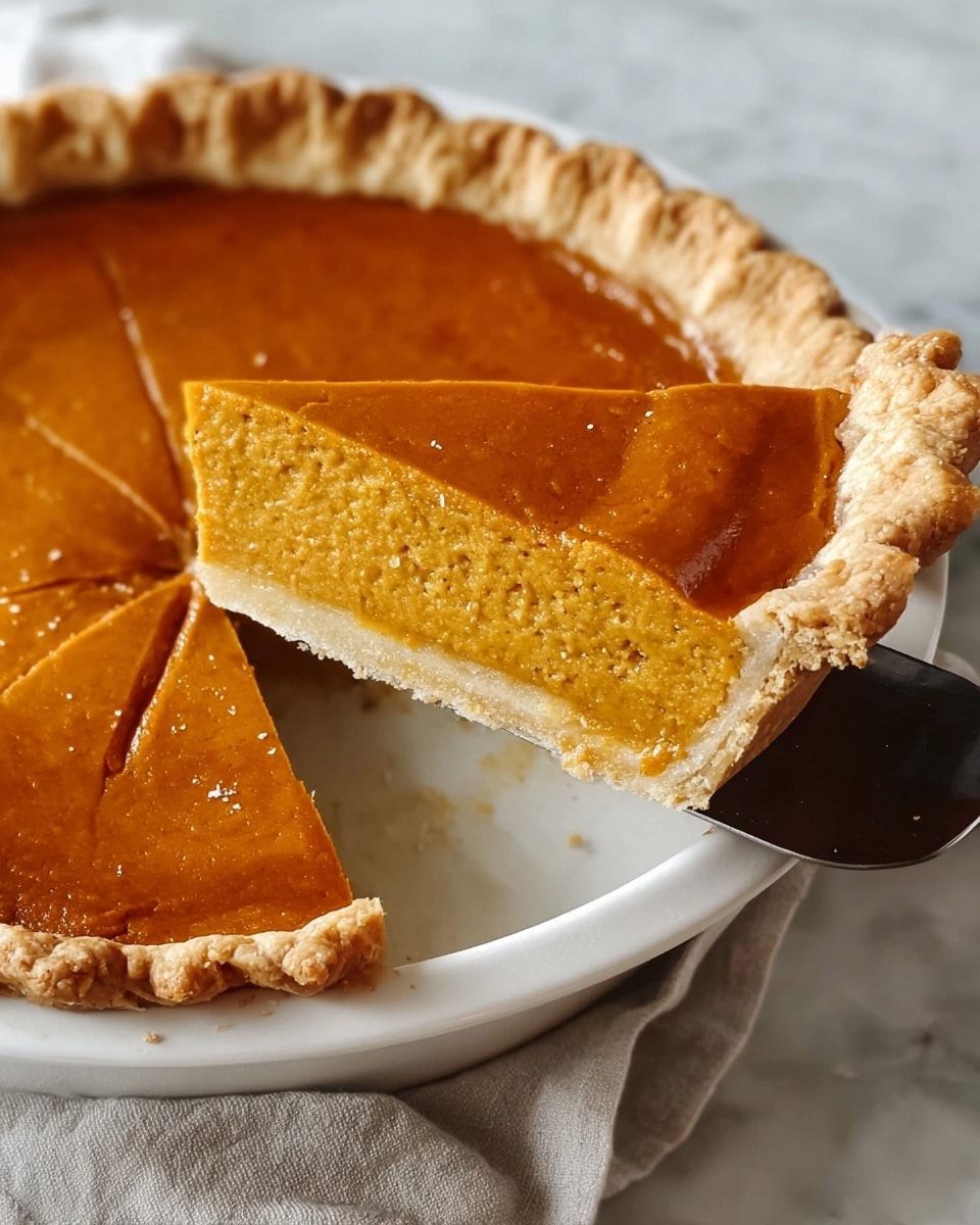 A close-up of a sliced pumpkin pie with two visible layers: a smooth, shiny orange pumpkin filling layer on top and a slightly lighter, denser orange layer underneath, all encased in a thick, golden-brown, crimped crust around the edges. The pie is in a white pie dish, placed on a white marbled surface with a neutral-colored cloth visible below, and a slice is being lifted by a black pie server. The overall colors show warm orange tones contrasted with the light crust and the white dish. photo taken with an iphone --ar 4:5 --v 7
