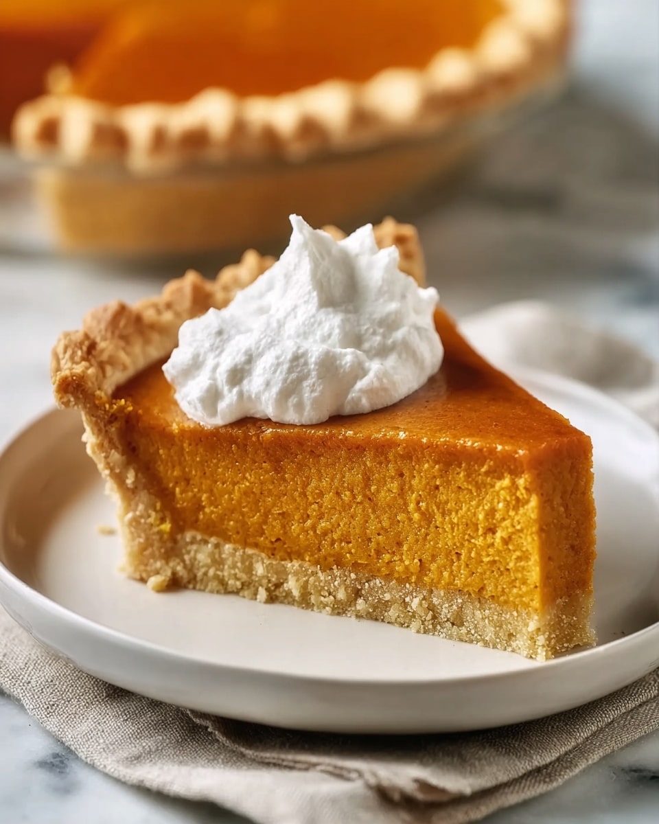 A close-up image of a single slice of pumpkin pie on a white plate, placed on a beige cloth over a white marbled surface. The pie has three visible layers: a golden-brown crust at the bottom with a slightly crumbly texture, a thick orange pumpkin filling in the middle showing a smooth and dense texture, and a dollop of white whipped cream on top near the edge of the slice. In the background, part of the whole pie with a similar golden crust is visible, slightly blurred. photo taken with an iphone --ar 4:5 --v 7