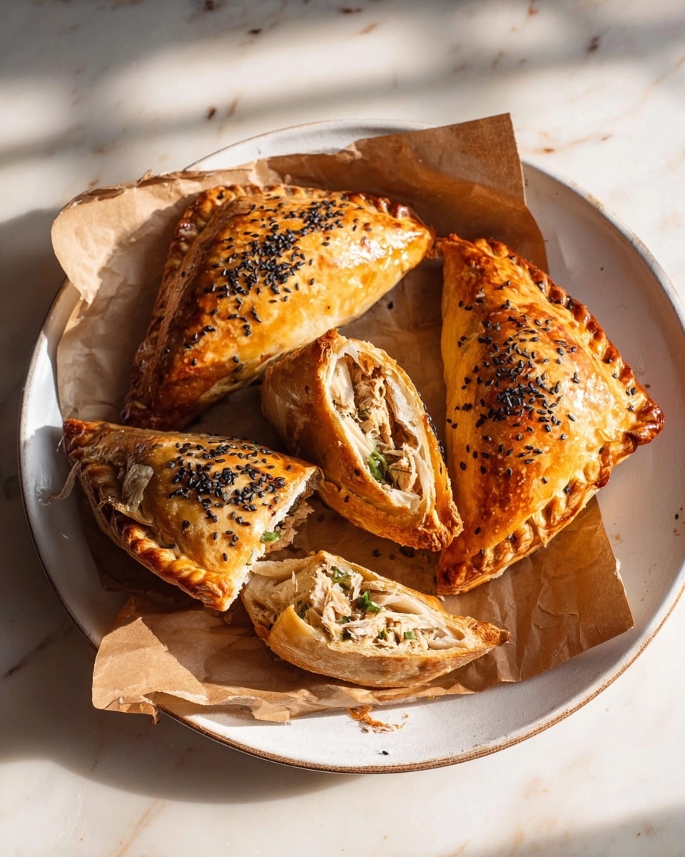A white plate lined with crumpled brown parchment paper holds four golden-brown pastries with a shiny, crisp crust topped with black sesame seeds. Three pastries are whole and triangular, showing crimped edges with a slightly puffed texture, while the fourth is cut in half, revealing layers of flaky pastry and a filling of shredded chicken mixed with green herbs inside. The plate sits on a white marbled surface with soft natural light casting gentle shadows. Photo taken with an iphone --ar 4:5 --v 7
