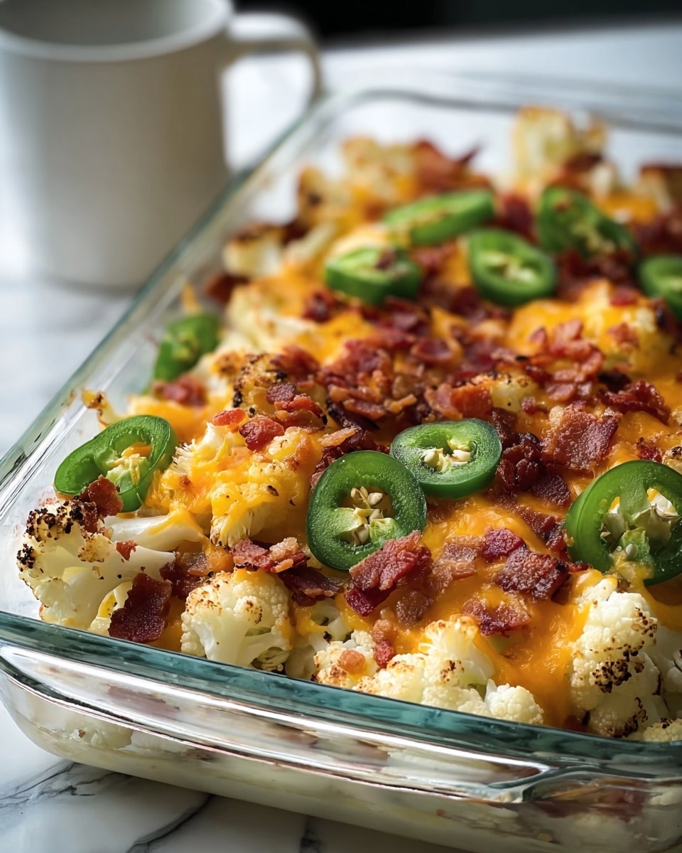 A clear glass rectangular baking dish filled with three detailed layers: the first layer is roasted white cauliflower with some browned spots, covering the bottom; the second layer consists of melted, bright orange cheddar cheese melted unevenly over the cauliflower; the top layer has small crispy pieces of reddish-brown cooked bacon and fresh slices of green jalapeño peppers scattered throughout. The dish is set on a white marbled surface with part of a white cup blurred in the background. photo taken with an iphone --ar 4:5 --v 7