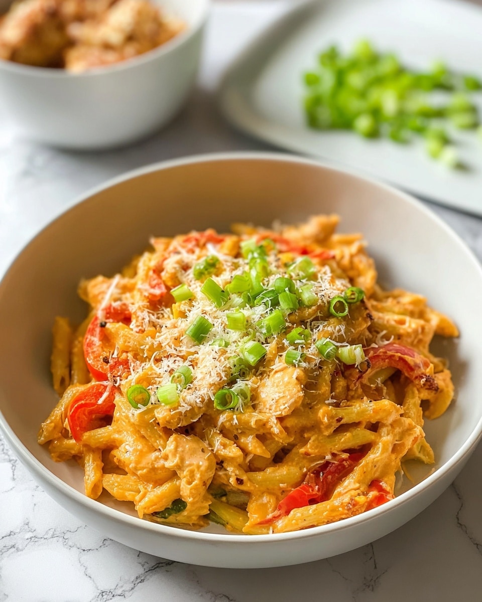 A white bowl filled with a creamy orange pasta dish that has one thick layer of pasta mixed with chunks of chicken and red bell pepper strips. On top, there is a sprinkle of light yellow grated cheese and small slices of bright green spring onion, adding a fresh touch. In the soft-focus background, a white bowl contains a light snack, and some chopped spring onion pieces lie on a white marbled surface. The image is bright and clear, showing the rich texture of the sauce and the softness of the pasta. photo taken with an iphone --ar 4:5 --v 7
