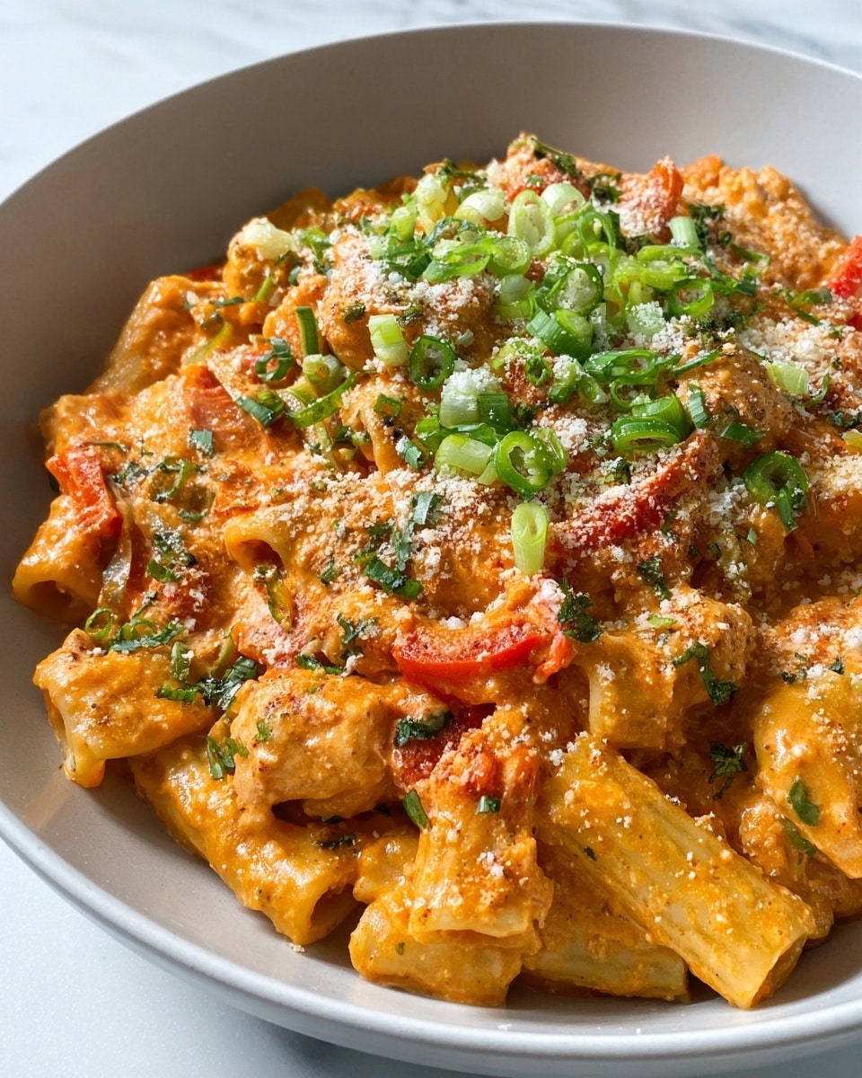 A close-up of a creamy pasta dish served in a white bowl, showing three main layers: the bottom layer is light golden pasta tubes mixed with soft red pepper strips and bits of herbs; the middle layer is covered in a thick, rich orange sauce that coats chunks of tender chicken and pasta; the top layer is sprinkled with bright green chopped spring onions and grated pale cheese that adds a crumbly texture. The dish looks warm and hearty, placed on a white marbled surface. photo taken with an iphone --ar 4:5 --v 7