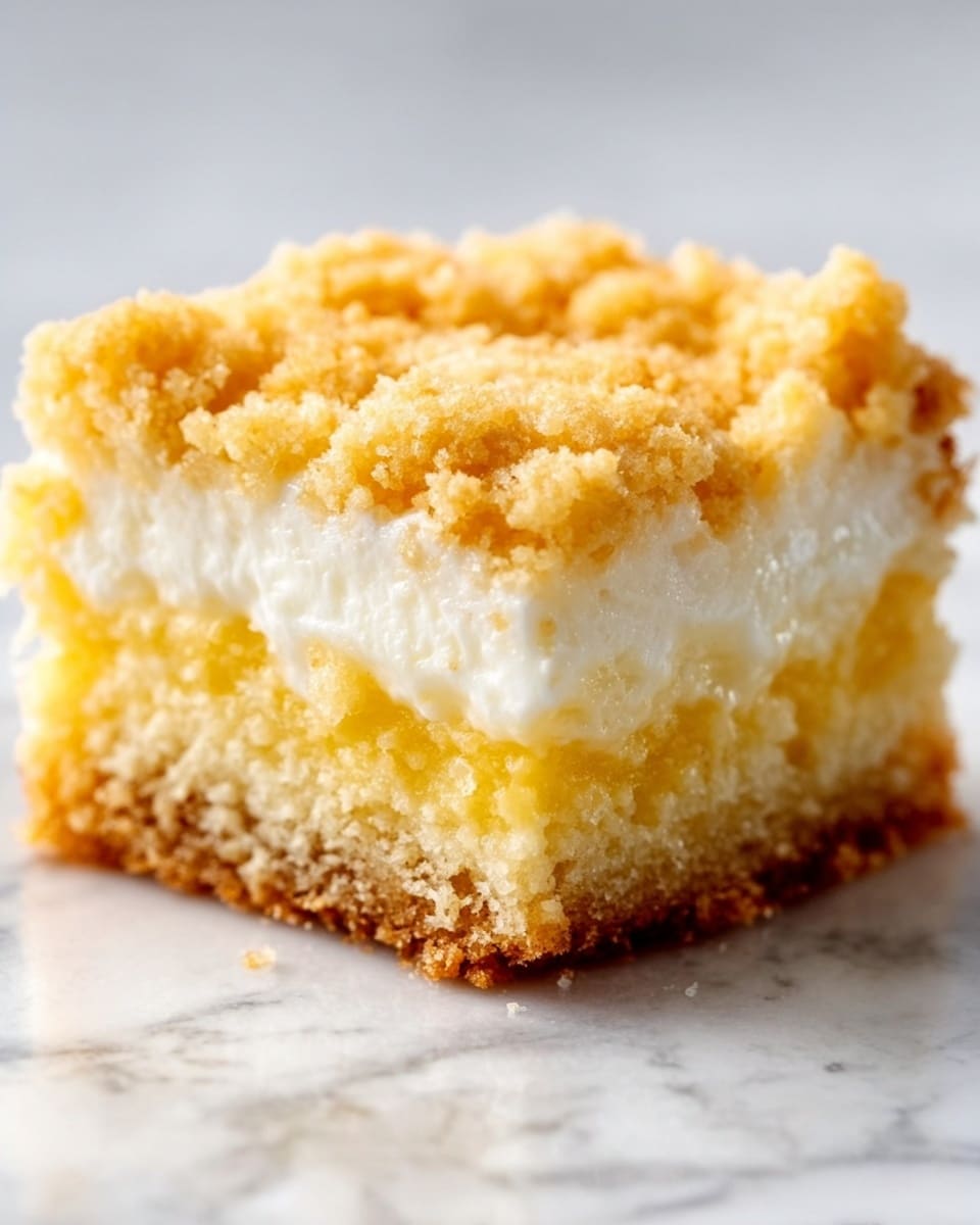 The close-up image shows a single square piece of crumb cake with three visible layers. The bottom layer is a light golden brown cake base that looks soft and crumbly. Above it is a thick white creamy filling, smooth in texture and slightly glossy. The top layer is a crumbly yellow topping with a rough texture that looks crunchy and uneven. The crumb topping contrasts with the creamy middle and the cake base, creating a clear distinction between layers. The background is a white marbled surface. Photo taken with an iphone --ar 4:5 --v 7