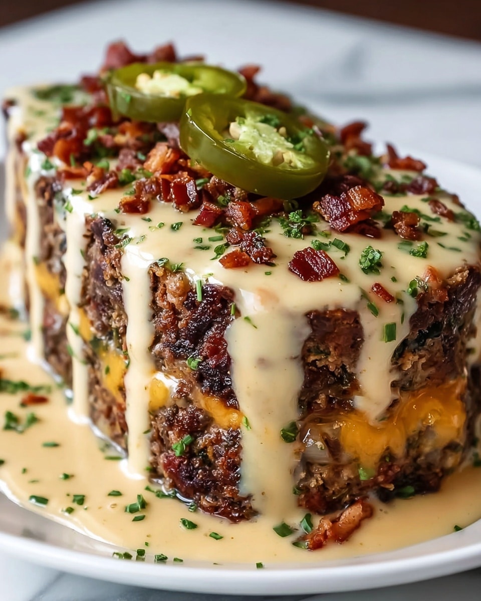 The dish is a thick, rectangular meatloaf on a white plate, cut to reveal three layers inside: a dark brown cooked ground meat base mixed with onions, a middle orange cheese layer, and a top layer of melted cheese. The meatloaf is covered in a creamy beige sauce drizzled in lines, sprinkled with small, crispy brown bacon pieces and finely chopped green herbs. A single green jalapeño slice topped with sauce sits on top as a garnish. The background is a white marbled texture. photo taken with an iphone --ar 4:5 --v 7