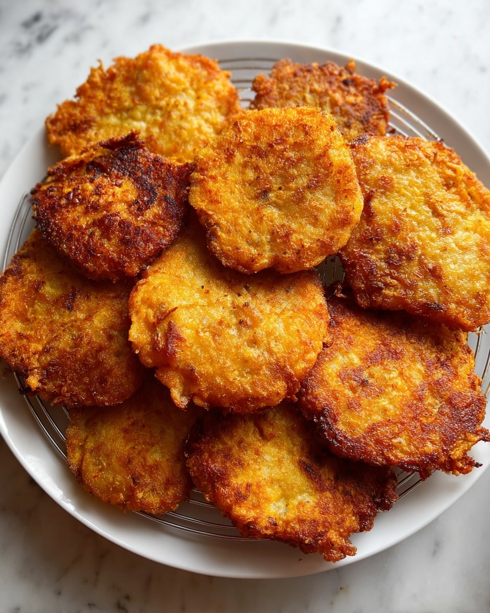 A white plate holds a single layer of golden-brown fried patties, each irregularly round with rough edges. The patties have a crispy texture with some darker spots showing where the batter cooked more, creating a mix of light orange and dark brown hues across their surfaces. They rest on a thin metal grid, which slightly lifts them off the plate, allowing light to catch the crunchy details. The overall look is warm and inviting on a white marbled background. photo taken with an iphone --ar 4:5 --v 7