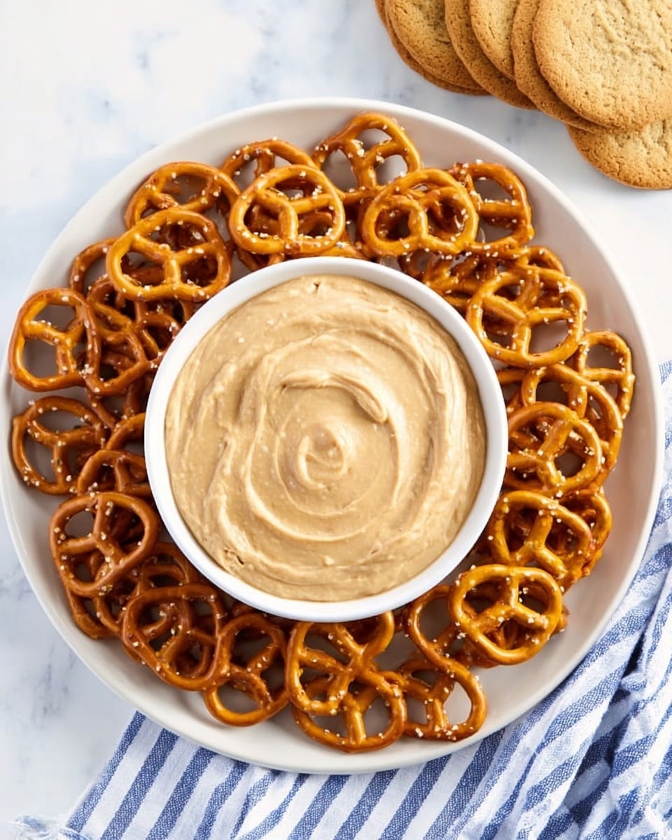 A top-down view of a white round plate filled with small, golden-brown pretzels placed around a smaller white bowl in the center. The bowl is filled with a smooth, thick beige dip with slight texture and gentle swirls on top. The plate is set on a white marbled surface with a blue and white striped cloth partially visible on the upper right side, along with a stack of three cookies in the upper left corner. photo taken with an iphone --ar 4:5 --v 7
