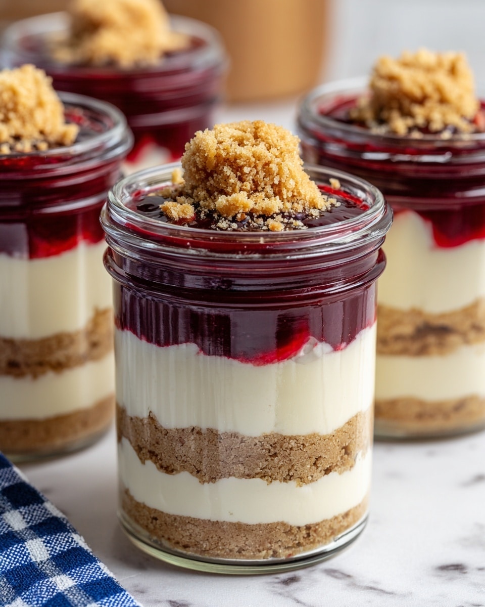 A small clear glass jar holds a layered dessert with four visible layers. The bottom layer is a crumbly light brown base. Above it is a thick white creamy layer, topped with a second crumbly light brown layer. Another white creamy layer covers this, decorated on top with halved fresh strawberries and more crumble, with small green mint leaves for color. In the background are white bowls filled with whole strawberries on a white marbled surface, next to a silver spoon. A woman's hand reaches slightly from the right side of the image, near the spoon. photo taken with an iphone --ar 4:5 --v 7