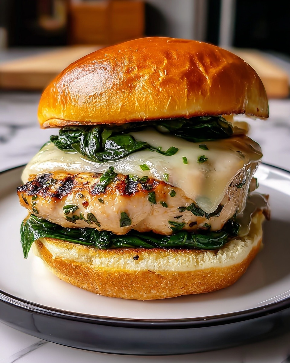 Two grilled chicken sandwiches are on a white plate with a white marbled surface underneath. Each sandwich has a shiny, golden-brown toasted bun on top, slightly cracked with grill marks. Below the top bun is a thick grilled chicken breast covered with melted white cheese, showing small black herbs and light char marks. Under the chicken, there is a layer of fresh, dark green leafy spinach resting on the bottom bun, which is also lightly toasted. The background is a blurred kitchen setting. Photo taken with an iphone --ar 4:5 --v 7