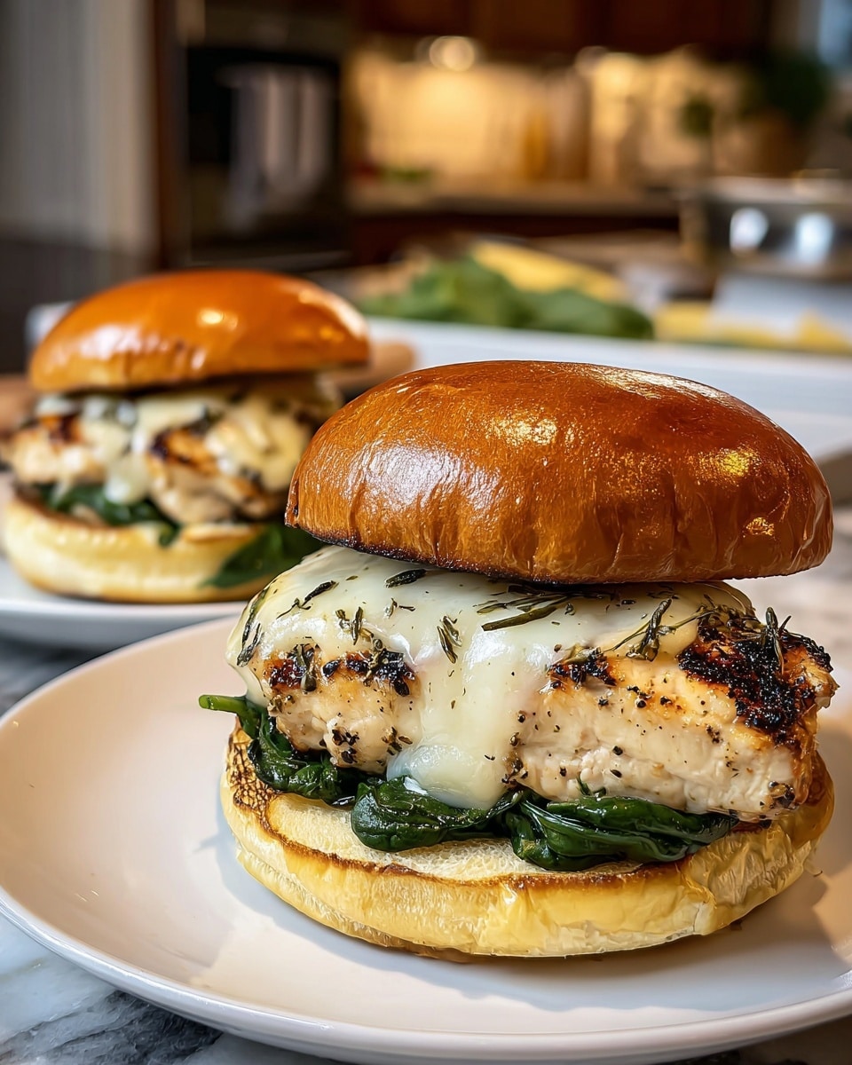 The image shows a close-up of a grilled chicken sandwich with four main layers. The bottom layer is a lightly toasted white sandwich bun with visible grill marks, soft and slightly fluffy in texture. Above it rests a thick grilled chicken breast patty, speckled with green herbs and cooked to a juicy, light golden-brown color. The next layer consists of fresh, dark green spinach leaves covered partially by smooth, melted white cheese that drapes over the edges of the chicken. The top layer is a shiny, golden-brown toasted sandwich bun with a soft texture and slight charring along the edges. The sandwich sits on a white plate with a black inner rim, placed on a white marbled surface. photo taken with an iphone --ar 4:5 --v 7