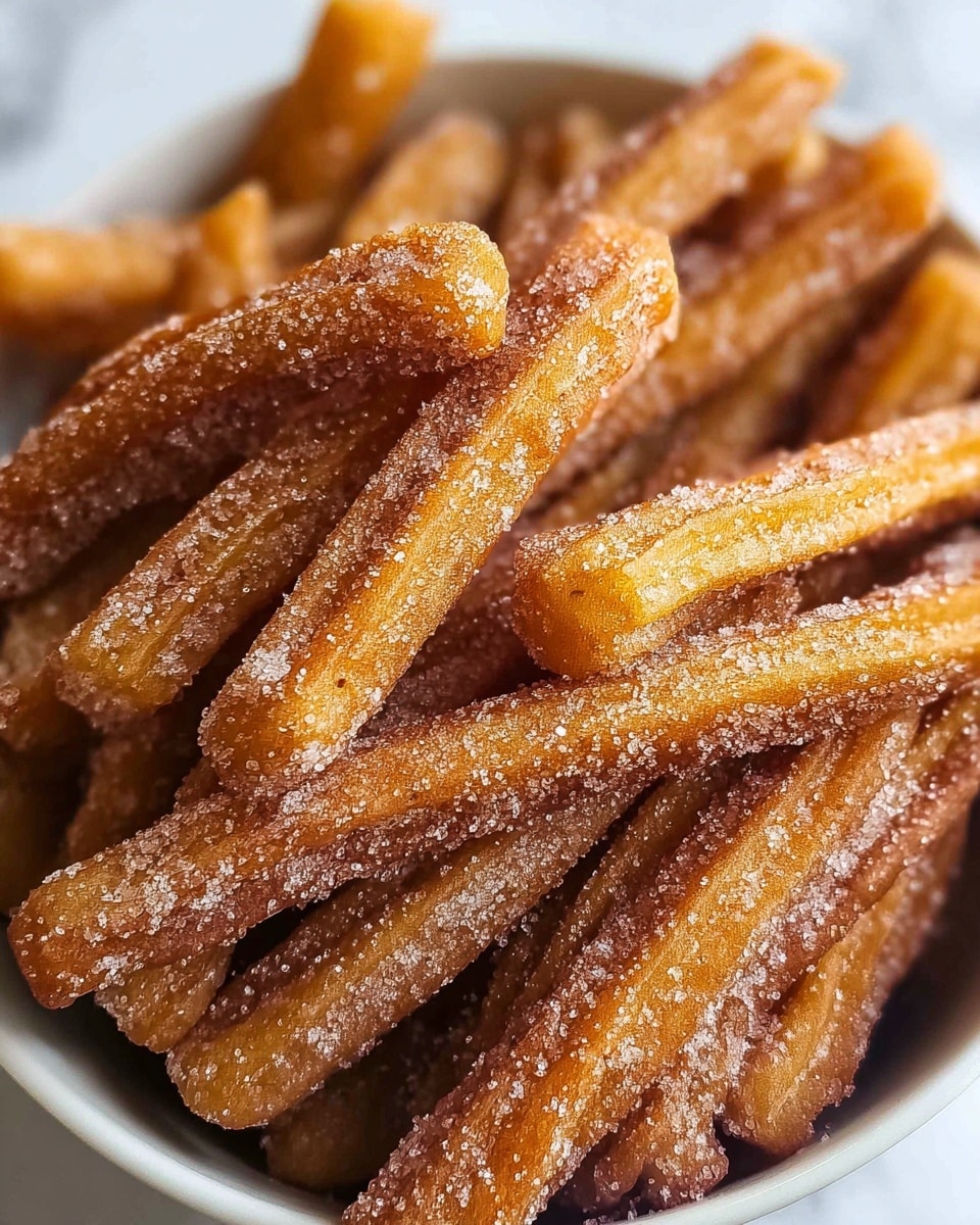 The image shows a close-up of many churros piled together inside a white bowl. Each churro is long, thin, and golden-brown in color with a slightly crispy texture, coated evenly in granulated sugar mixed with cinnamon giving a sparkling effect. The churros have a rough surface with ridges and are stacked in a random way filling the bowl completely. The background features a white marbled texture. photo taken with an iphone --ar 4:5 --v 7