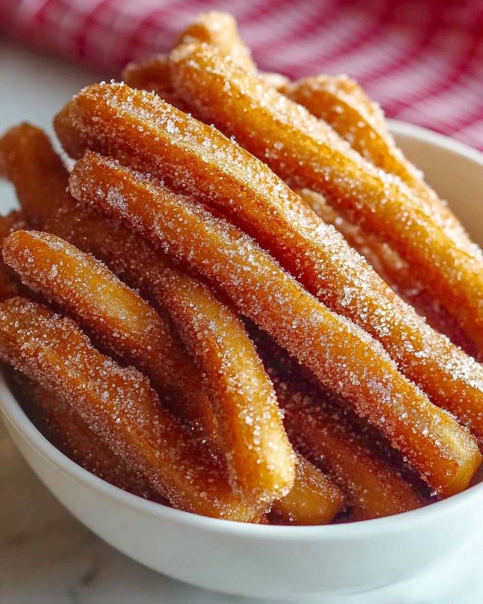 A close-up view shows a white bowl filled with many churro sticks, each about two layers thick; the sticks are golden brown with a rough, crunchy texture covered in a coat of fine, glistening sugar crystals that catch the light. The churros overlap each other, forming a dense pile inside the bowl. The bowl is set on a white marbled surface with a soft focus on a red checkered cloth in the background. photo taken with an iphone --ar 4:5 --v 7