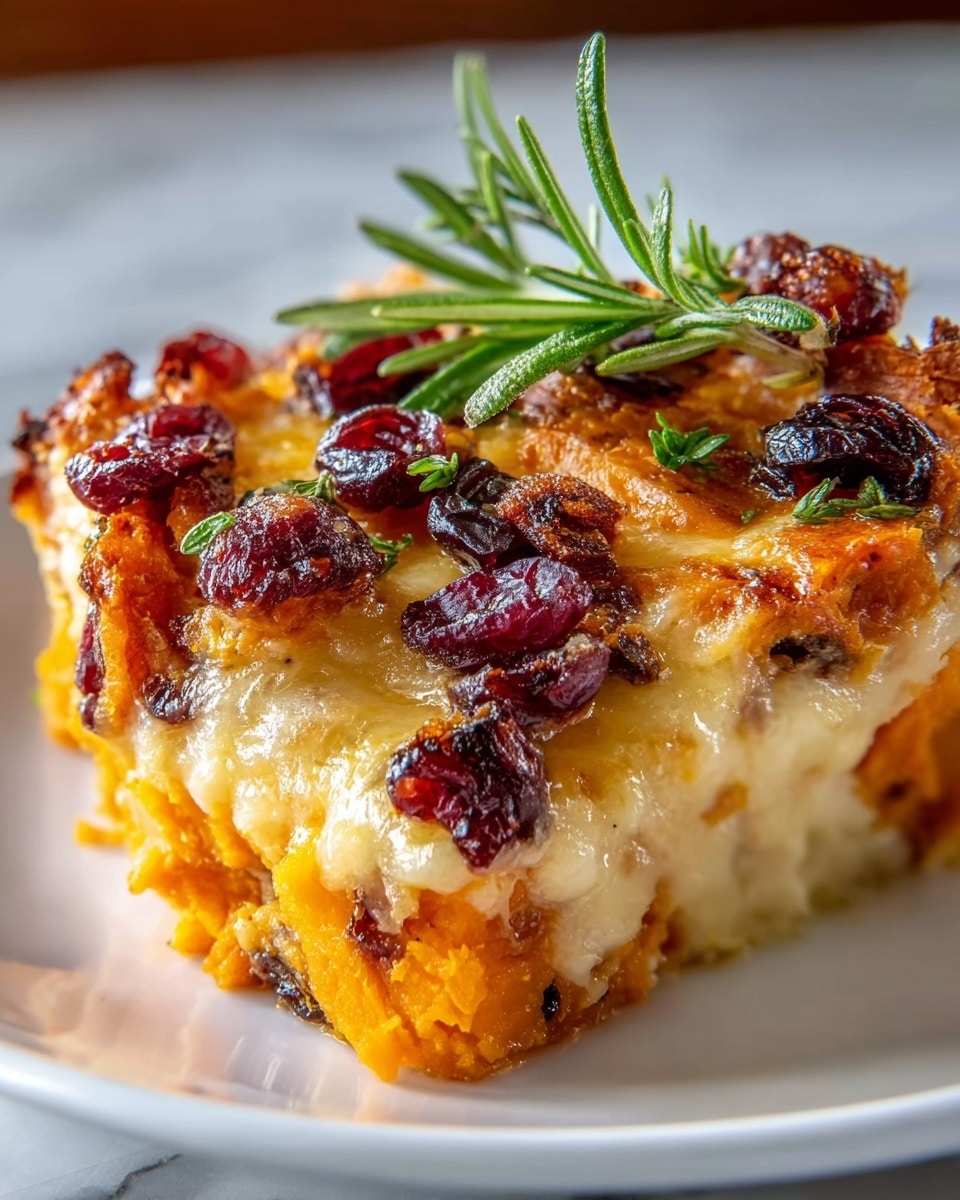 A close-up of a thick slice of baked casserole on a white plate, placed on a white marbled surface. The dish has three main layers: a bottom layer of soft, bright orange sweet potato, a middle layer of creamy, melted cheese with a smooth texture, and a top layer of golden-brown baked cheese with crispy edges. Scattered over the top are deep red dried cranberries that add color and texture. A small sprig of fresh green rosemary rests on top, adding freshness and contrast to the warm colors of the dish. Photo taken with an iphone --ar 4:5 --v 7
