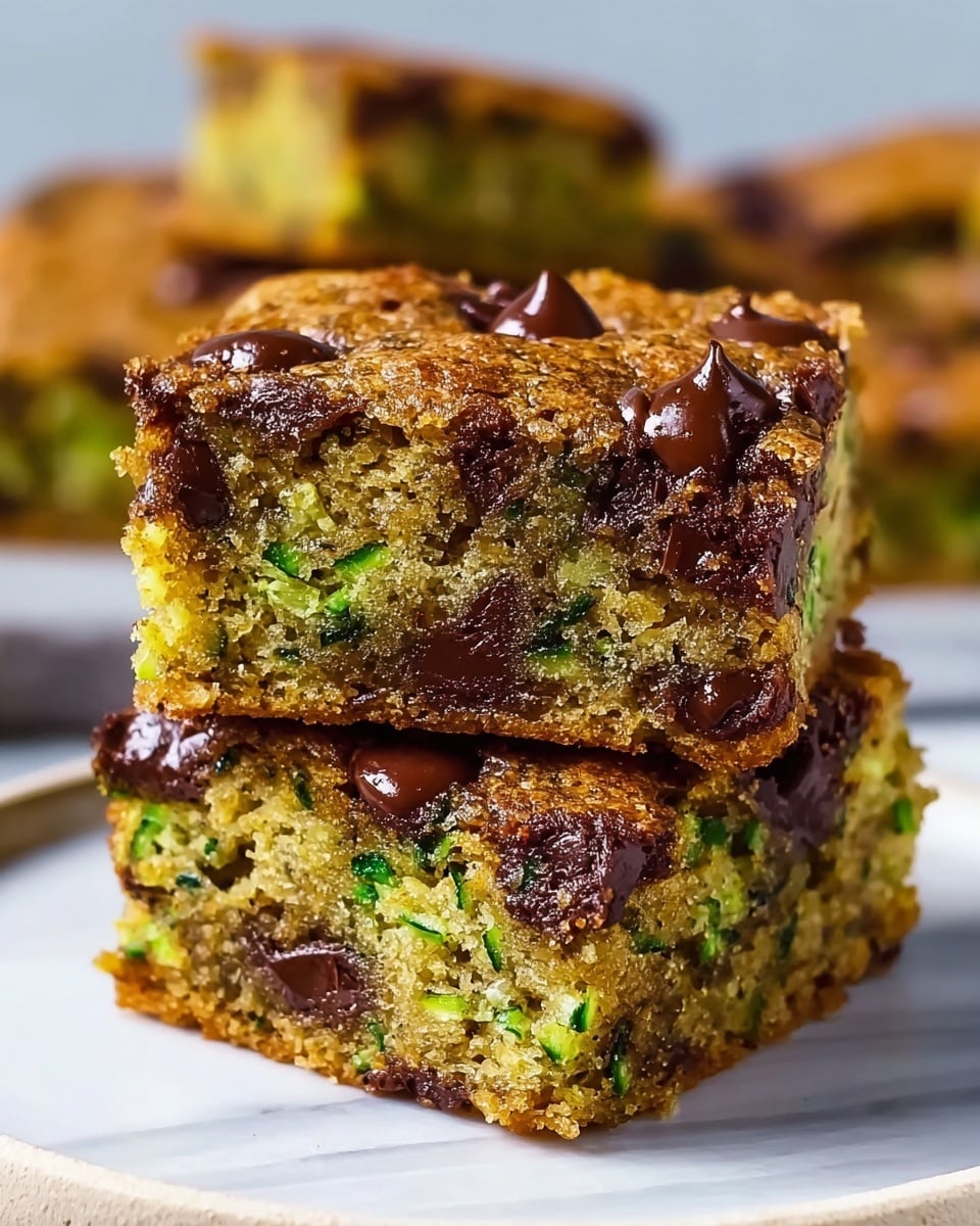 The image shows two thick, square slices of a baked treat stacked on top of each other on a white plate. Each slice has a golden-brown crust with a slightly crispy edge, and a moist, dense inside with flecks of green, likely zucchini, and many melted dark chocolate chips scattered throughout. The top layer is golden with shiny chocolate chips embedded on the surface, while the middle layer is a moist green-speckled crumb, and the bottom layer has a rich, slightly darker golden-brown tone. There are more pieces of the same treat blurred in the background, all placed on a white marbled surface. Photo taken with an iphone --ar 4:5 --v 7